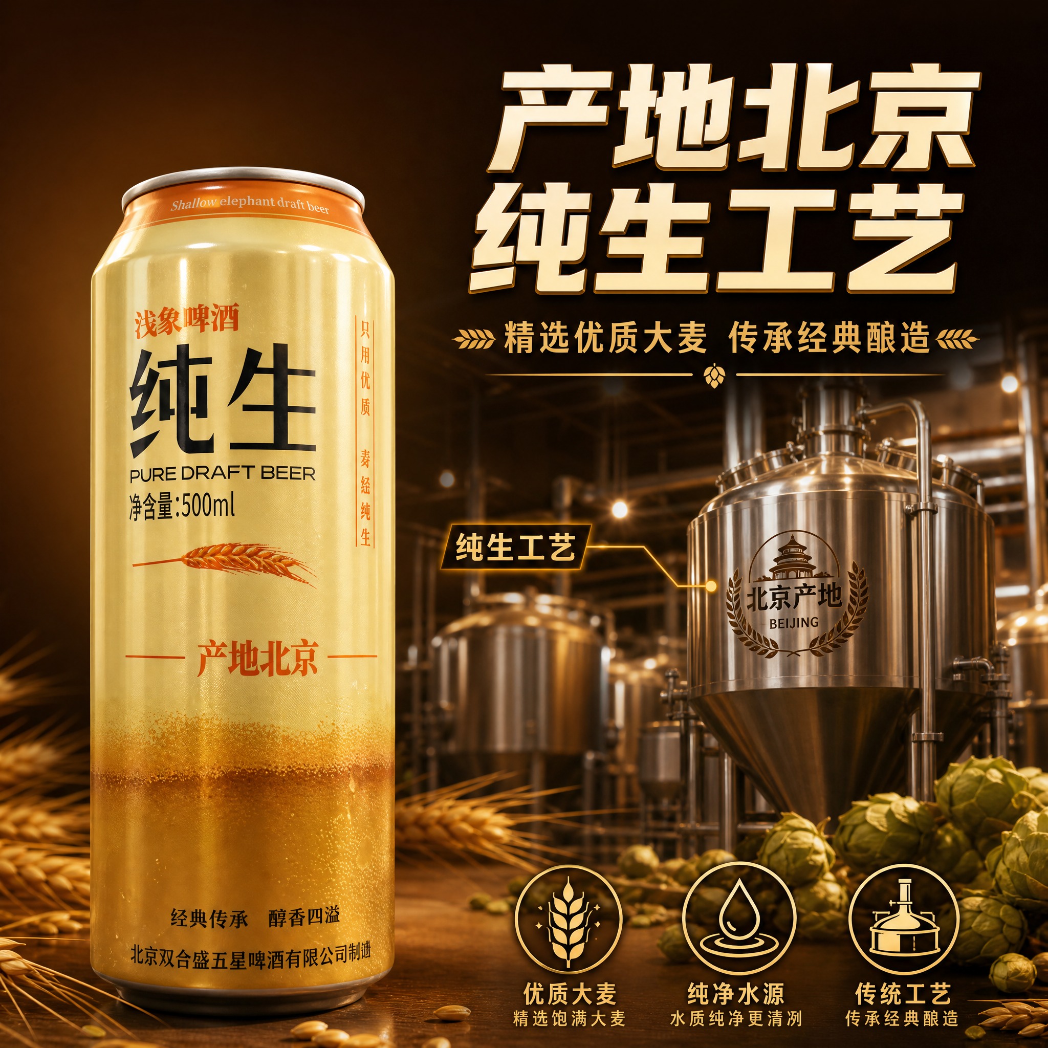 [主图-2] 浅象纯生啤酒产地溯源与工艺图，突出北京产地与纯生… - 图片创意预览