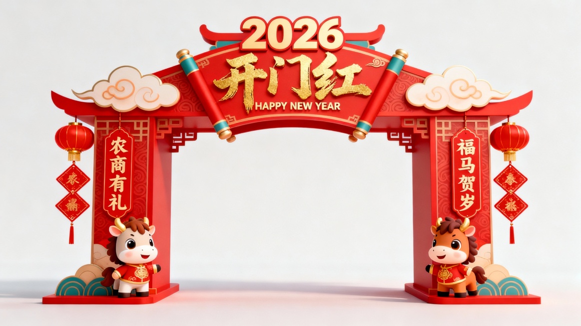 传统祥云马年拱门，红色为主色调，顶部有2026数字，两侧有祥云装饰，中间上方有金色书法字体“开门红”和英文“HAPPY NEW YEAR”，左右两侧分别有红色灯笼和写着“农商有礼”“福马贺岁”的红色挂预览效果