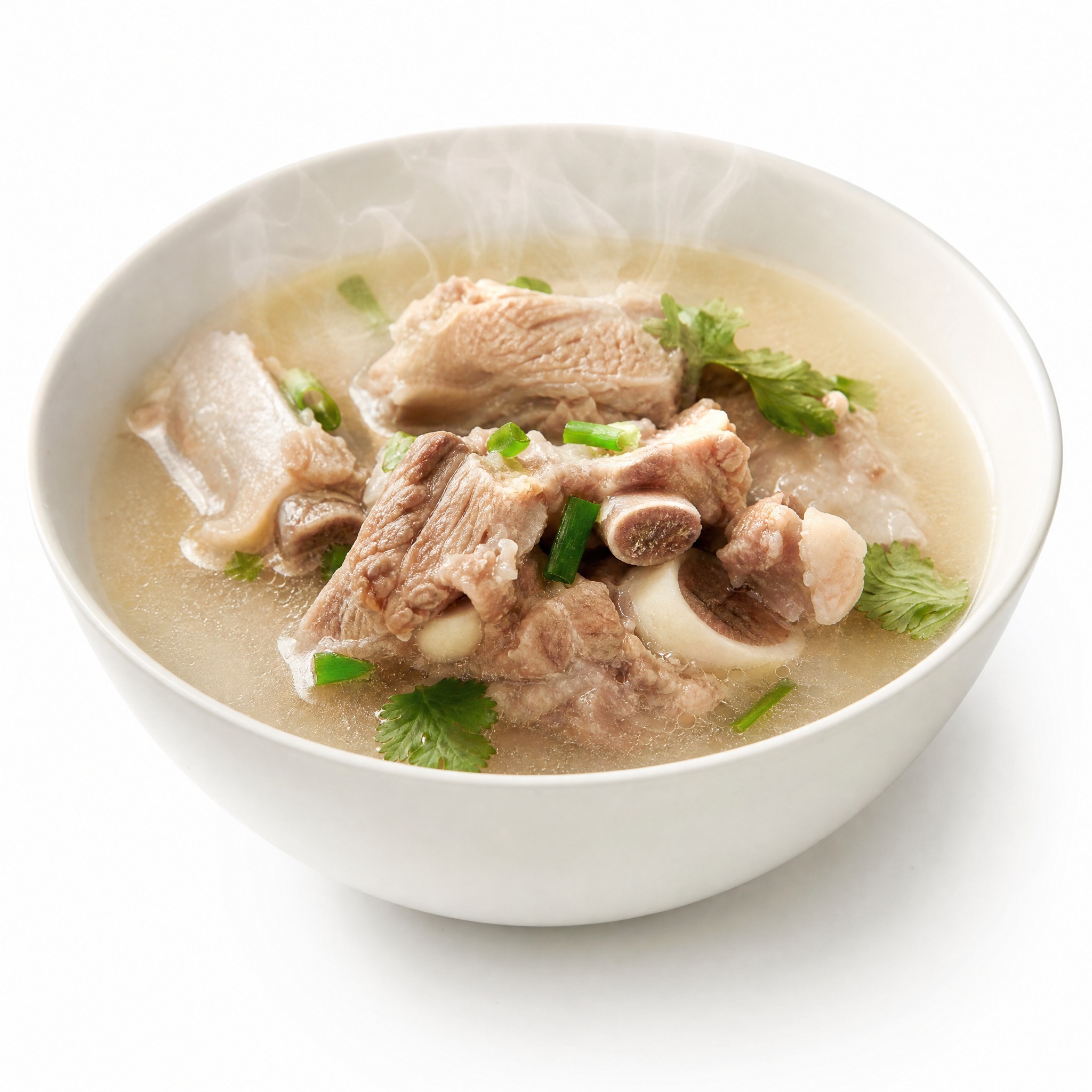一碗骨头汤，陶瓷汤碗，纯白背景，美食摄影，高清真实，热气腾腾 - 图片创意预览