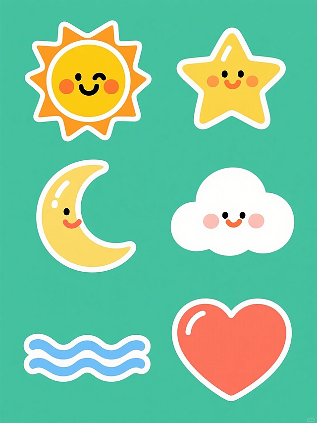 一套6张系列素材集合，每张均为规整排布的单一元素图案，包含太阳、星星、月亮、云朵、海浪、爱心基本元素。整体造型简约现代，采用纯黄色太阳图案，太阳有圆形黄色脸蛋，周围环绕橙黄色放射状光芒，脸上有黑色弯眉、微笑嘴型和橙红色腮红，白色高光点缀。所有图案保持统一的手绘卡通风格，线条圆润流畅，色彩鲜明纯净，使用纯色背景，确保系列风格高度一致，信息传达清晰直接。