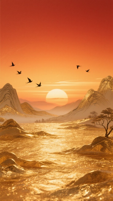 金色与橙红色渐变交织的金箔质感背景，呈现出落日余晖般温暖而华丽的色调，表面带有细腻的纹理和微妙的光影变化，营造出中式典雅的氛围。背景中融入远山轮廓，线条柔和写意，几只飞鸟剪影点缀天际，与山水元素和谐融合，整体画面兼具金箔的奢华质感与传统山水的悠远意境，色彩过渡自然，光影层次丰富，充满宁静而庄重的东方美学韵味。预览效果