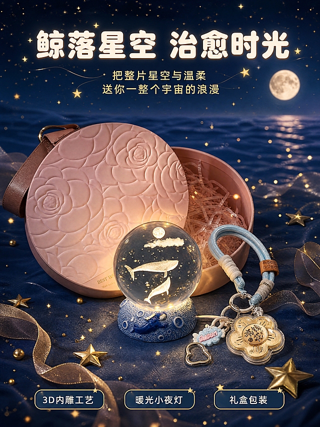 [商品] 使用【图3】水晶球小夜灯、【图6】有钱花钥匙扣、【图3】粉色山茶花圆形礼盒；保留水晶球透明球体、蓝色海洋风底座、潜水员浮雕；保留钥匙扣浅蓝编织绳、金色花形金币、玉桂狗挂饰；保留礼盒粉色圆形、山茶花浮雕、皮质手提带；产品结构与颜色材质。
[画面] 页面目标为氛围头图，整体亮相，竖版构图，画面中央为打开的粉色山茶花礼盒，水晶球小夜灯置于礼盒前方居中展示，钥匙扣斜放在水晶球旁，礼盒盖半开斜靠在左侧。水晶球处于开灯暖光状态，内部双鲸星月繁星雕刻通透发光，暖光从球体溢出照亮周围。背景为深蓝色星空渐变，有大量细碎金色星光粒子漂浮，远处有朦胧海洋波纹与月亮剪影。前景有几片金色星星和丝带装饰元素。主体占画面约65%，视角为略微俯视45度。阅读动线从上到下。前景点缀≥3层：远景星空月亮、中景产品礼盒、前景星光装饰。
[视觉] 套系策略：风格=梦幻治愈文艺浪漫商业摄影；标题字=优雅圆角无衬线粗体；正文字=简洁圆角无衬线体；主色=深海蓝；背景延展=基于深海蓝做星空渐变、云雾层次、星光粒子质感；强调色=暖金色，仅用于星光、图标、引线、标签和光效；标题色=暖白色；正文色=浅金色；组件=圆角半透明深蓝卡片、细金线、星光图标；光影=水晶球自发光暖光为主，环境蓝紫补光。
[文字] 顶部主标题「鲸落星空 治愈时光」暖白色大号字；下方副标题「把整片星空与温柔 送你一整个宇宙的浪漫」浅金色中号字；底部三个圆角小标签横向排列「3D内雕工艺」「暖光小夜灯」「礼盒包装」白字深蓝底金边。文字均在上下负空间，不遮挡产品主体。
[规格] 图片比例3:4竖版，4K，避免变形、错字、文字过小、冷灰背景、产品颜色改变、水晶球雕刻失真、悬浮、水印、平台Logo。