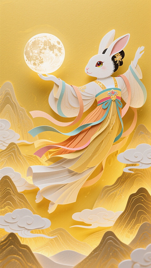 大全景，一只巨大的玉兔（穿着嫦娥的服饰）呈飞天姿势，兔子眼睛珠光效果，托月（悬浮在空中，裙摆飘逸，飞舞，极致的动态），金色仙境：层峦叠嶂的山脉，白色祥云环绕，黄色背景，背面透光