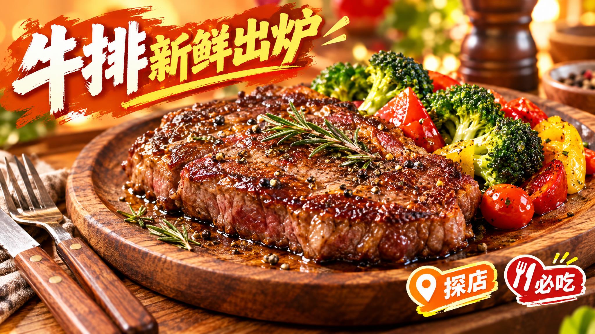 活力美食摄影风格，暖橙色调背景，画面中心是一盘刚煎好的厚切牛排… - 图片创意预览
