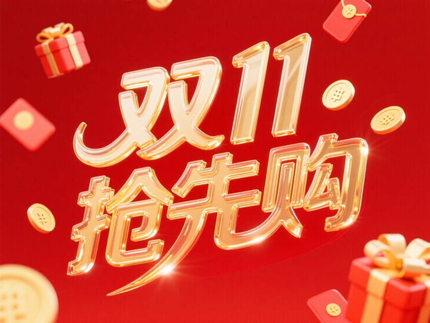 金色玻璃艺术字"双11 抢先购"。周围漂浮点缀礼盒、红包、金币等促销元素，线条流畅，红色背景，高纯度配色。预览效果