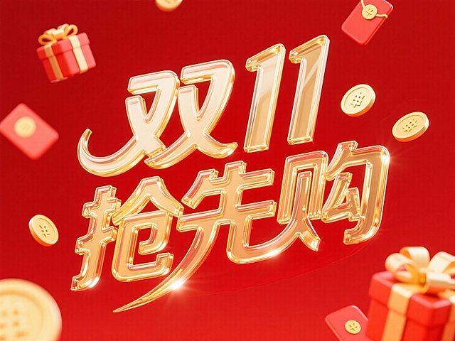 金色玻璃艺术字"双11 抢先购"。周围漂浮点缀礼盒、红包、金币等促销元素，线条流畅，红色背景，高纯度配色。