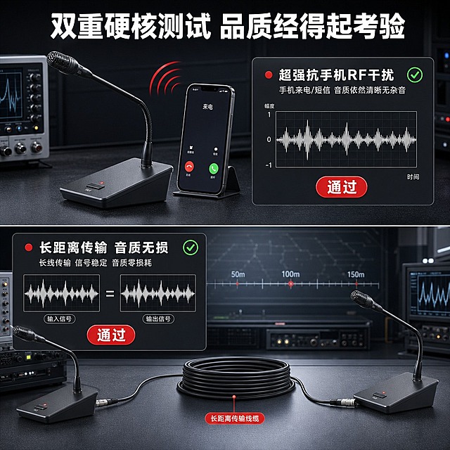 [商品] 使用【图1】桌面麦克风HA-MIC1010L；保留黑色金属鹅颈咪杆、方形底座、静音按键、指示灯、TALK标识、电容咪头的结构、颜色、材质和比例不变。
[画面] 页面目标：核心功能实测，抗RF手机干扰+长距离传输音质对比。构图：上下分栏，上半部分为「抗手机RF干扰测试」场景——麦克风旁放置手机（显示来电状态），旁边有波形图示意无杂音干扰；下半部分为「长距离传输测试」——展示长线缆连接，两端波形一致示意无损传输；背景为深灰科技实验室风格，有示波器波形元素；产品在左上和右下各出现一次，分别对应两个测试场景；阅读动线从上到下。
[视觉] 套系策略：风格=京东数码专业商业摄影风，科技严谨；标题字=现代无衬线粗黑体，字重Bold；正文字=思源黑体常规；主色=深炭灰#2C2C2C；背景延展=基于深炭灰做深浅渐变、同色系层次、哑光金属质感背景板；强调色=中国红#D32F2F，仅用于小面积图标、引线、指示灯高亮和标签；标题色=纯白色；正文色=浅灰#CCCCCC；组件=圆角深灰信息卡、细白线引线、红色圆点标签；光影=左前侧冷白光+右侧轮廓光，突出金属质感。
[文字] 顶部大标题「双重硬核测试 品质经得起考验」；上半区标题「超强抗手机RF干扰」，说明「手机来电/短信 音质依然清晰无杂音」，配绿色对勾图标；下半区标题「长距离传输 音质无损」，说明「长线传输 信号稳定 音质零损耗」，配波形对比图（输入=输出）；两处测试结果均用红色标签标注「通过」。
[规格] 图片比例1:1方版，4K分辨率，负向提示：避免变形、错字、文字过小、虚构检测报告、白底、极限词、京东Logo、贬损竞品。