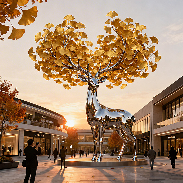 giant deer sculpture landmark in shopping mall plaza, deer made of polished metal, antlers formed by thousands of golden ginkgo leaves, elegant and minimal design, modern public art installation, people walking around and taking photos, autumn atmosphere, luxury commercial plaza, warm sunset lighting, cinematic composition, ultra detailed, architectural visualization