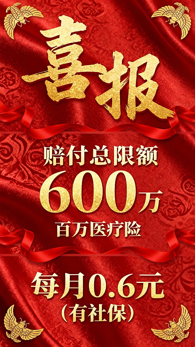 生成十张中国传统节日喜庆风格宣传海报，采用上中下三段式经典版式，最上方用书法大字写着“喜报”，占比约图片1/3，中间文字写着“赔付总限额600万”、“百万医疗险”、下方“每月0.6元（有社保）”，海报整体采用层级化排版，主标题放大醒目，辅助信息有序排列，整体版式平衡稳定，信息传达层次分明，比例 「9:16」