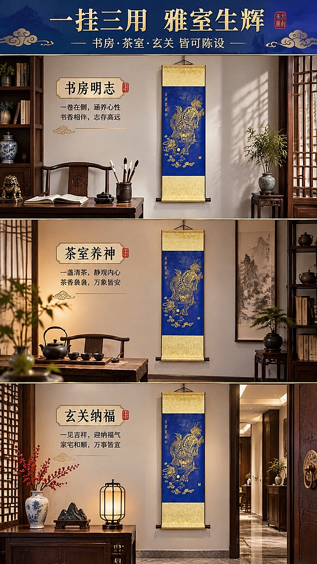 [商品] 使用【图1】弥勒佛皆大欢喜手工装裱卷轴挂画；保留宝蓝色底、金色拓印纹样、米黄绫绢边、木质天地杆的结构与颜色；商品处理：保持卷轴原貌，增强金纹质感与绫绢肌理，不改变纹样细节与比例。
[画面] 页面目标：场景种草，展示挂画在三大空间的陈列效果；构图：竖版三格上下分栏，每格一个场景，产品在每格中占约50%；主体角度：正面为主，微侧角度变化；景别：中景带环境；阅读动线：自上而下依次浏览书房、茶室、玄关三个场景；前中后景：每格均有前景器物（茶具/书卷/盆栽）、中景挂画、后景墙面与家具；场景：新中式书房、禅意茶室、雅致玄关三个不同空间。
[视觉] 套系策略：风格=东方雅致新中式商业摄影；标题字=宋体加粗带衬线，典雅大气；正文字=简洁黑体；主色=宝蓝+烫金；背景延展=基于宝蓝与米金做深浅层级、同色渐变与宣纸/绫绢纹理质感；强调色=朱砂红，仅用于小面积印章、引线和标签点缀；标题色=烫金色；正文色=深炭灰；组件=圆角金线信息卡、细线引线、祥云纹样点缀；光影=左前侧暖柔光，右侧柔和补光，金纹处有细腻高光。
[文字] 主标题：一挂三用 雅室生辉；副标题：书房·茶室·玄关 皆可陈设；每格配场景标签：书房明志 / 茶室养神 / 玄关纳福；文字位于每格下方或侧边留白，横向排版，不遮挡挂画主体。
[规格] 图片比例9:16竖版，2K分辨率，避免变形、错字、文字过小、纹样失真、场景杂乱、卷轴比例改变。