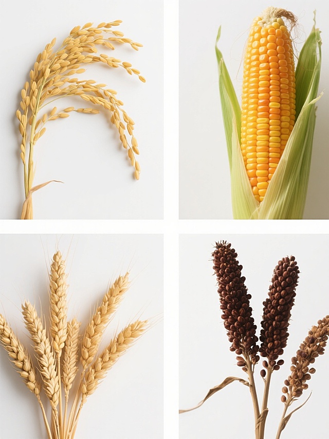 纯白背景，超写实摄影风格，四宫格规整排布的谷物系列素材集合。左上角：金黄饱满的稻穗，颗粒分明，稻芒纤细，茎秆挺拔；右上角：橙黄色饱满玉米棒，包裹着嫩绿玉米叶，露出部分金黄玉米粒；左下角：成熟的金黄色麦穗，麦芒尖锐，麦穗紧密排列；右下角：深褐色饱满的高粱穗，颗粒圆润，茎秆粗壮。所有谷物均保持清晰的纹理细节、自然的光影过渡和真实的材质感，整体色调统一为温暖的金黄色系，画面简洁干净，突出谷物的自然形态与质感。