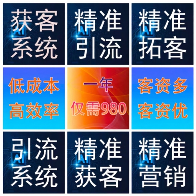 基于提供的九宫格宣传图生成内容相同的1:1比例图片，保留所有文字和视觉元素：获客系统、精准引流、精准拓客、低成本高效率、一年仅需980、客资多客资优、引流系统、精准获客、精准营销预览效果