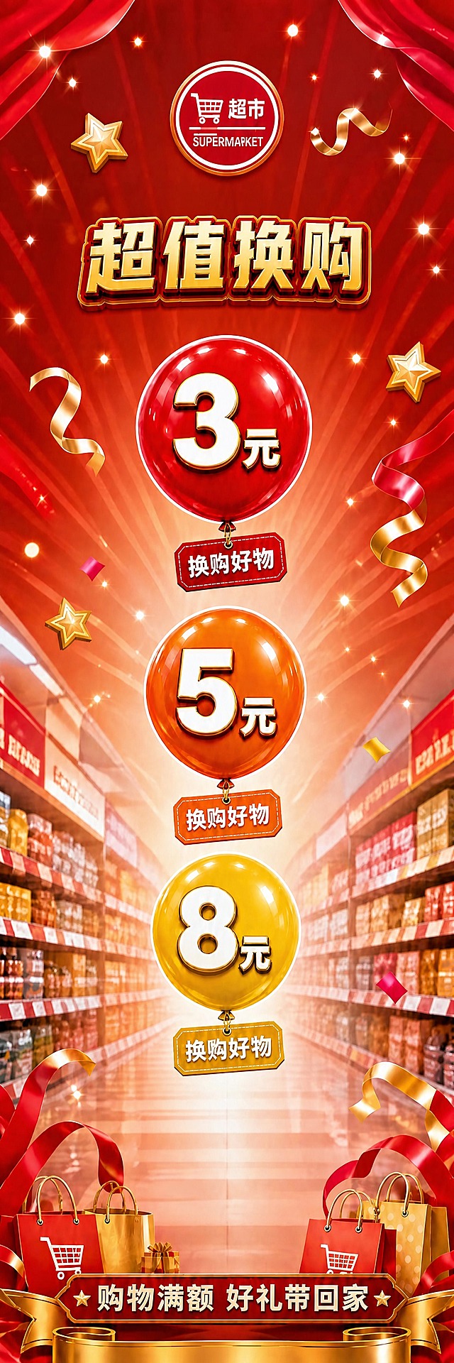 将这张竖版促销海报中的主标题"超值换购"再改小一号，比现在的尺寸明显缩小，但保持清晰可读，其余元素（三个气球3元5元8元、圆形超市标识、副标题"购物满额 好礼带回家"、促销彩带装饰）的大小和位置保持不变，整体红金促销风格不变，排版协调美观。