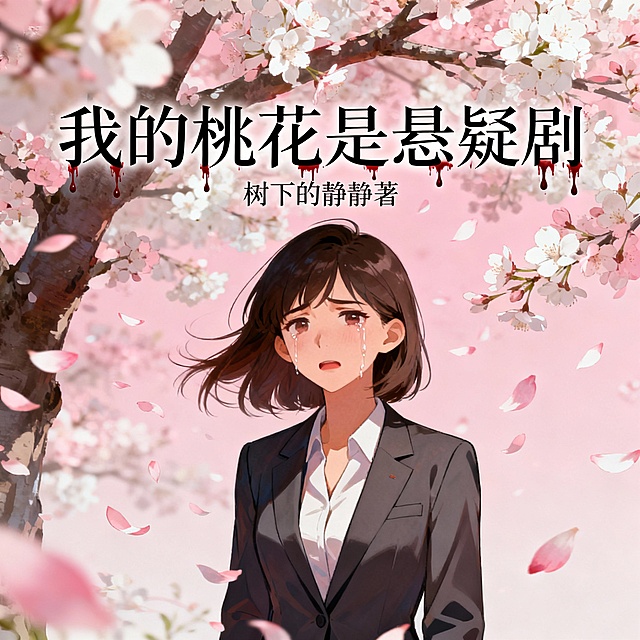 ，漫天桃花纷飞，一个美丽的现代白领无奈又尴尬地哭泣，女孩上方瘦金体文字滴着血，写着“我的桃花是悬疑剧”，下方小字“树下的静静著”