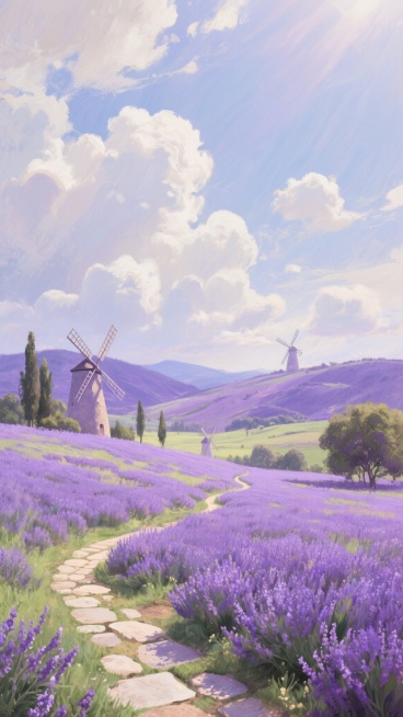 户外场景，印象派风格插画，广阔的薰衣草花田，远处是连绵起伏的紫色山丘，天空中飘着几朵蓬松的白云，阳光透过云层洒下柔和的光线，花田边缘点缀着几棵高大的风车，近处有一条蜿蜒的石板小路通向远方，空气中弥漫着淡淡的花香，整体色调以紫色和绿色为主，光影层次丰富，笔触细腻柔和，营造出宁静而浪漫的氛围预览效果