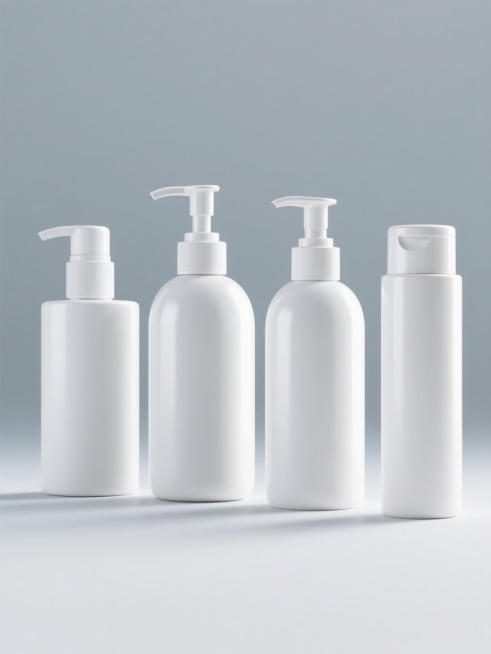 高分辨率3D渲染，极简主义风格，4瓶不同样式和外观的沐浴露，排列整齐，纯色背景，白色主体瓶身，带有按压泵头，瓶身光滑有光泽，细腻的阴影效果，高光清晰，光线柔和均匀，简约现代设计感，无任何文字和标识。预览效果