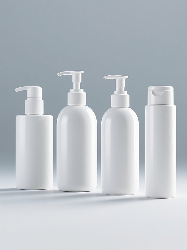 高分辨率3D渲染，极简主义风格，4瓶不同样式和外观的沐浴露，排列整齐，纯色背景，白色主体瓶身，带有按压泵头，瓶身光滑有光泽，细腻的阴影效果，高光清晰，光线柔和均匀，简约现代设计感，无任何文字和标识。