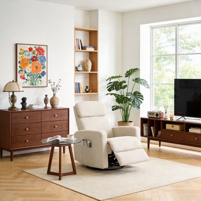 保留图中米白色单人沙发角度位置不变，生成充满现代温馨感的奶油风多功能客厅，以米白、胡桃木色与浅木色为主色调。墙面为纯净白色，搭配浅木色人字拼地板与浅米色编织地毯，右侧大窗户引入充足自然光，窗外绿意盎然预览效果