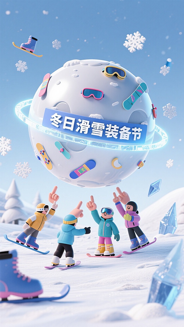 软3D风卡通星球悬浮雪原，萌趣人物滑雪互动，未来感光环环绕，清透玻璃质感冰晶点缀，梦幻冬日科技氛围。