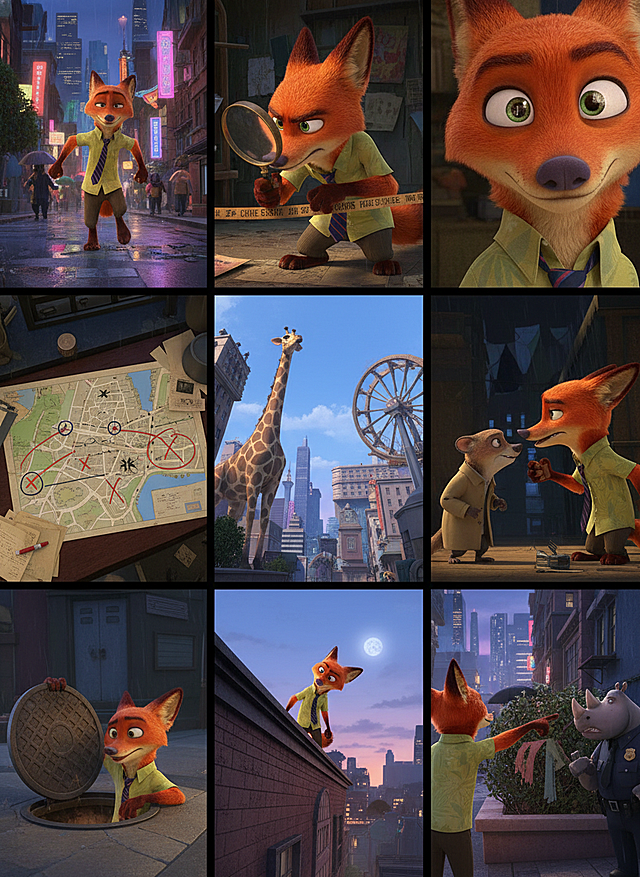 卡通感与3D风结合，拟人化狐狸主角穿梭都市夜景，光影交错间展现现代都市的神秘故事感，体积感十足的角色与场景营造沉浸式虚拟现实体验。