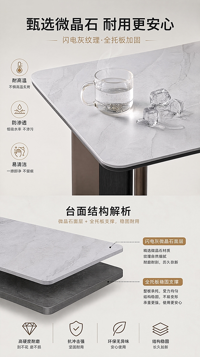 [第3张] 材质解析页-闪电灰微晶石台面工艺与全托板结构。本张使用【图1】作为商品主体，聚焦台面材质展示。
[氛围/风格] 专业材质解析风，干净高级，科技质感，商业微距摄影质感。
[元素布局] 上半部分为餐桌台面局部特写，占比约50%，展示闪电灰微晶石细腻纹理与直边圆角细节，台面上放置一杯热水与冰块演示耐高温耐温差；下半部分为台面剖面结构示意图，展示微晶石面层+全托板支撑层的分层结构，用虚线标注分层；背景为浅灰色渐变，简洁突出材质。
[光影质感] 顶部柔光均匀照射，台面石纹清晰可见，边缘圆角保留高光，剖面示意图采用柔和阴影区分层级。
[配色色系] 全局底色 #F0EDE8（浅暖灰）；主色闪电灰石纹；辅助色深灰线条、古铜金标注；点缀色白色。
[视角构图] 上下分区构图，上特写下图解，阅读动线顶部标题→台面特写→剖面结构说明。
[文字版式] 顶部居中主标题「甄选微晶石 耐用更安心」，副标题「闪电灰纹理·全托板加固」；台面特写旁标注「耐高温 防渗透 易清洁」三个icon标签；剖面分层旁各配短标「闪电灰微晶石面层」「全托板稳固支撑」；字体为简洁黑体，重要信息古铜金色高亮。
[比例分辨率] 9:16竖版比例，4K分辨率，文字清晰可辨，高清画质。
[负向提示词] 台面变形，纹理错乱，颜色偏差，水印，文字错乱，文字过小，结构示意图模糊。