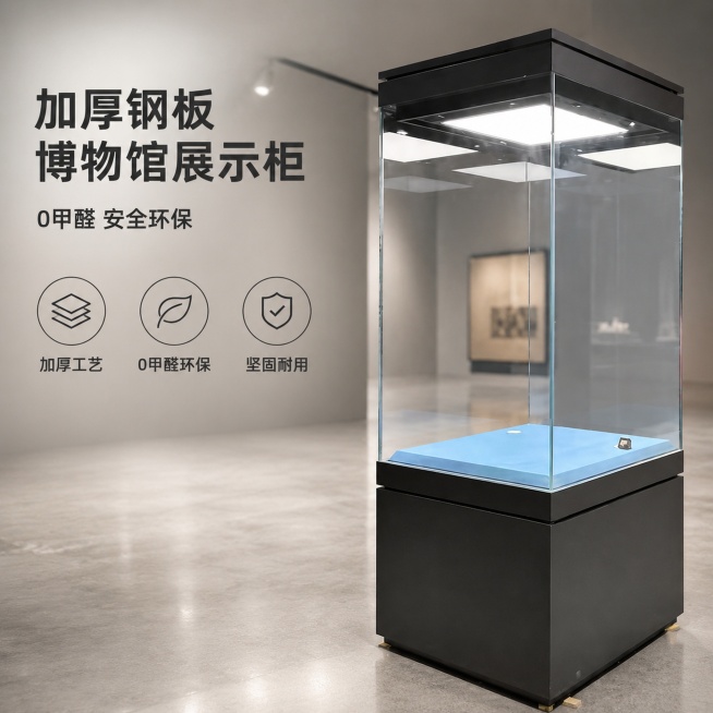 [单张主图] 博物馆玻璃展示柜 高级氛围感主图，突出产品品质与专业质感。
[画面主体] 主产品是独立高柜玻璃展示柜，保持产品外观、物理结构、材质质感、颜色与输入产品图绝对一致，杜绝任何变形和色差，精细预览效果
