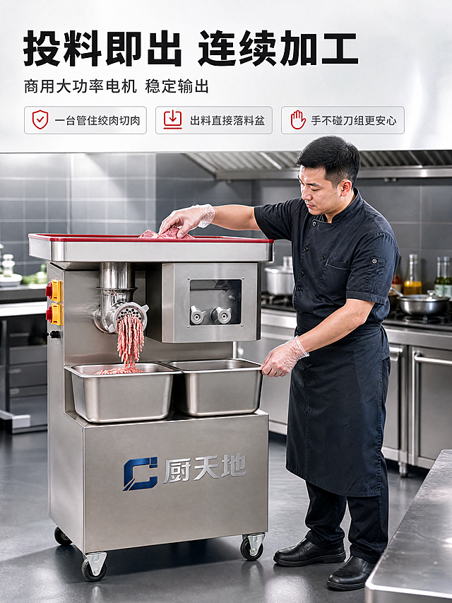 [商品] 以【图1】整机与【图3】机身左侧绞肉头角度为参考，保留顶部红边接料托盘、左侧绞肉出料头、右侧切肉装置、两个不锈钢料盆、机身与移动脚轮、蓝色"厨天地"Logo；机器落地摆放于地面，出料方向朝下落入料盆。
[画面] 真人操作过程页，中景，亚洲面孔成年男厨师穿深色厨衣戴一次性手套，站在落地机器右侧操作，一手将食材从顶部接料托盘一侧送入，另一手扶着不锈钢料盆接料；机器占画面约55%，人物与产品同框，动作自然真实；前景地面与不锈钢操作台边缘，中景人物与机器，后景虚化的后厨灶台与排风罩，画面干净卫生。
[视觉] 套系策略：风格=商用不锈钢实拍商业摄影，明亮工业后厨；标题字=粗黑体思源黑体Heavy；正文字=中等黑体；主色=不锈钢银灰#C9CDD2；背景延展=基于银灰的深灰蓝瓷砖墙、石墨灰地面与金属拉丝纹理、同色深浅渐变；强调色=品牌红#C8102E，仅用于小面积图标、引线与标签；标题色=深炭黑#1A1C20；正文色=中灰#4A4F55；组件=直角信息条、细金属引线、圆角方形编号章；光影=顶部柔光加侧逆轮廓光，人物面部补柔光。
[文字] 顶部横向主标题"投料即出 连续加工"，副标题"商用大功率电机 稳定输出"；右侧横向三个短标签："一台管住绞肉切肉""出料直接落料盆""手不碰刀组更安心"；全部横向排版，不遮挡机器主体与人物动作。
[规格] 图片比例3:4竖版，4K；避免变形、错字、文字过小、竖排或旋转文字、机器放在桌上、欧美面孔、血腥食材、危险动作、二维码与水印。