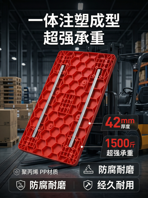 工业风竖版电商海报，主体为红色聚丙烯手推车车板，反面展示蜂窝状加强筋结构，突出42mm厚度和1500斤超强承重。海报标题用白色粗体字，背景是昏暗的工厂车间，内有叉车和堆叠的货物，光线聚焦在车板上，画面预览效果