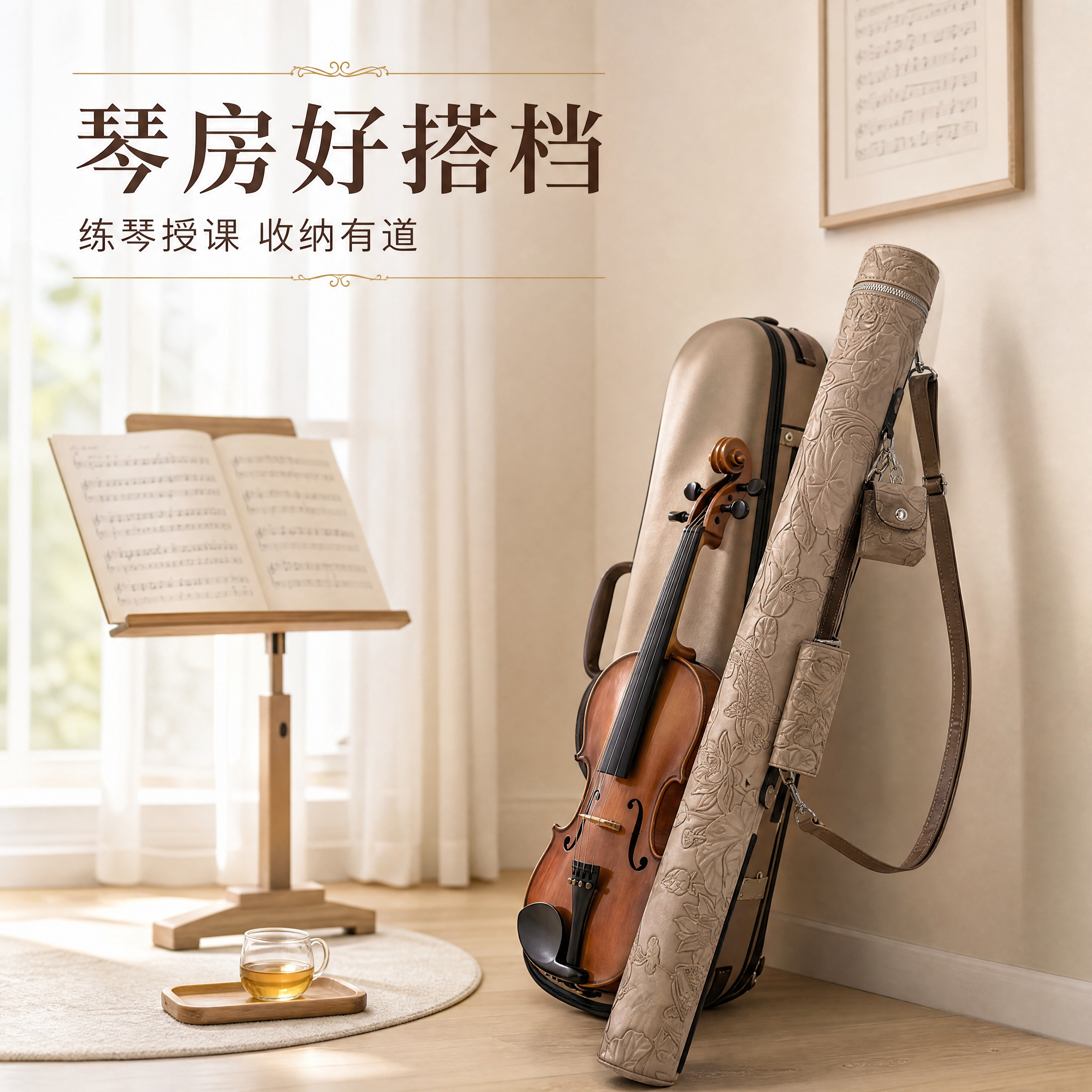 [商品] 使用【图2】奶茶杏色浮雕小提琴弓筒弓盒完整产品；保留… - 图片创意预览