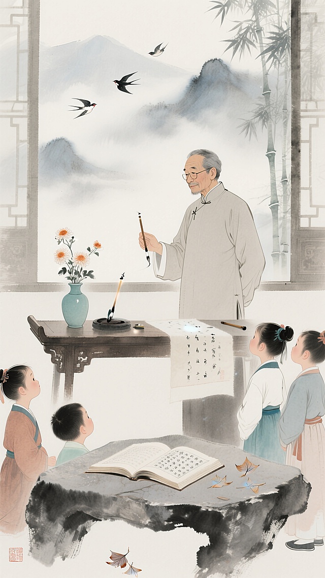 古典中式工笔风，水墨渲染，展现传统私塾教学场景，童子拜师，书香四溢。
