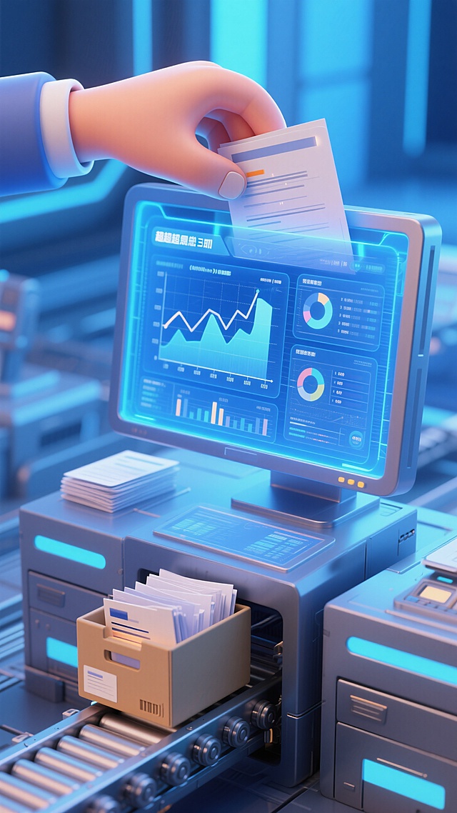 微缩场景，特写主体是一个自动化流程平台上的数据分析显示屏，上面有透明蓝色光的图表，数据信息，箱外延伸出文件信息流水线，上面有文件材料；屏幕上方有卡通大手取出文件；背景为科技感的蓝色光影场景，营造科技的氛围