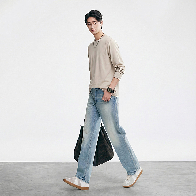 把白底图的衣服穿到模特身上
场景:灰色地面与白色背景，光线自然，背景简洁
画质要求:写实，8k，高细节，对焦清晰，光线自然，无变形