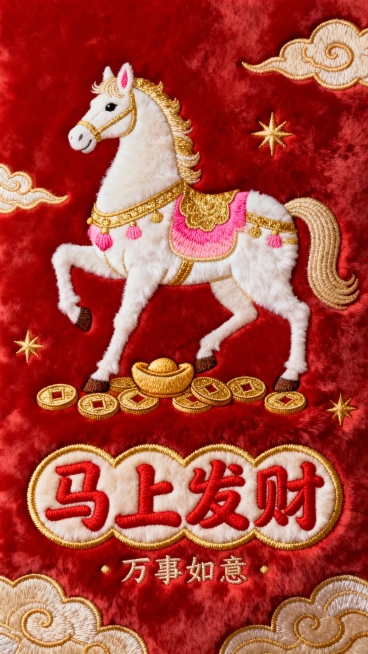 一幅以发财为主题的毛绒质感刺绣壁纸，整体采用红色绒布料为背景，主体是一只色彩鲜艳的敦煌壁画风格的白色骏马，并点缀金、粉色渐变装饰，马的脚下绣有元宝、铜钱等元素。下方是红色的“马上发财”四字，采用圆润可预览效果