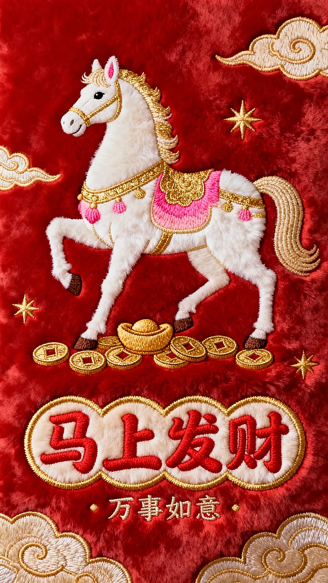 一幅以发财为主题的毛绒质感刺绣壁纸，整体采用红色绒布料为背景，主体是一只色彩鲜艳的敦煌壁画风格的白色骏马，并点缀金、粉色渐变装饰，马的脚下绣有元宝、铜钱等元素。下方是红色的“马上发财”四字，采用圆润可爱的字体，非书法体，边缘绣金色的轮廓线。文字周围小标题“万事如意”。点缀金色的祥云、星星等元素。
