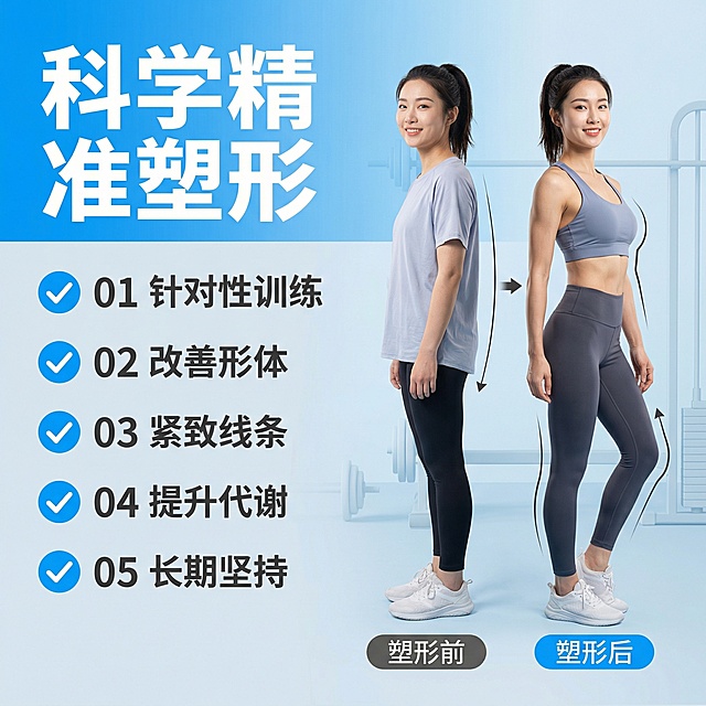 [主图 2] 科学塑形核心亮点主图
[氛围/风格] 活力专业健身风格，清爽明亮，知识氛围，和首图风格统一
[画面元素] 整体采用左侧文字右侧图示排版，左侧分点列出塑形核心收益，右侧放置女性塑形前后体态对比示意图，对比清晰，同一人物前后变化，亚洲女性形象，不遮挡脸部。背景为浅蓝浅灰渐变
[配色色系] 主色调：浅蓝渐变；辅助色：白色、深灰文字、活力蓝点缀
[视角构图] 平视构图，左右分栏，构图饱满，对比清晰
[文字版式] 顶部主标题 "科学精准塑形"，左侧竖排排列01-05核心收益：「针对性训练 」「改善形体」「紧致线条」「提升代谢」「长期坚持」，每个要点配蓝色对勾图标；字体主标题粗体大号，次级文字缩小50%，对比明显。文字不遮挡对比主体，保持整体干净清晰，高对比度易读。
[比例分辨率] 1:1 比例，2k 分辨率