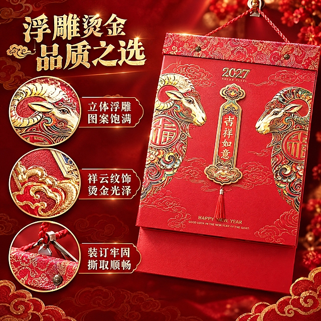 [主图-3] 材质细节与品质展示，突出撕历的浮雕烫金工艺、纸张质感和精美做工，体现高端品质感。严格保留产品本身样子，不改动产品外观。
[统一基调] 整体风格为传统年俗喜庆风，背景主色为中国红渐变搭配金色祥云暗纹，标题字色为烫金色，辅助字色为米白色，强调色为正红色，字体为大气宋体结合，字号层级分明，信息卡片用金色描边红底样式，整体传递高端喜庆的年历福文化质感。
[画面] 产品特写占据画面主要位置，偏右侧，以45度角展示封面立体浮雕福字/羊年图案细节，金色花纹在光线下闪烁金属光泽，红色纸面纹理细腻可见，祥云边框浮雕感强。画面左侧和下方分布3个圆形放大框，分别放大展示：浮雕花纹细节、祥云边框烫金工艺、装订打孔与挂绳/木轴细节。背景为深红色渐变，有微弱的光晕效果突出产品质感。
[光影质感] 微距商业摄影质感，主光侧打突出浮雕凹凸立体感，金色部分有强烈金属反光，红色纸面纹理清晰，边缘裁切整齐，整体质感高级精致，产品图案与原图完全一致。
[配色] 主色中国红+烫金色，放大框内保持产品本色，背景深红，整体色调浓郁有质感。
[文字版式] 左上角标题"浮雕烫金 品质之选"烫金色大字。三个放大框下方各配一行说明文字："立体浮雕 图案饱满"、"祥云纹饰 烫金光泽"、"装订牢固 撕取顺畅"，米白色小字。文字不遮挡主要细节区域。
[输出要求] 1:1正方形比例，2K分辨率，细节清晰锐利，浮雕烫金质感真实，产品外观与原图一致，无变形错字，无水印无平台Logo。