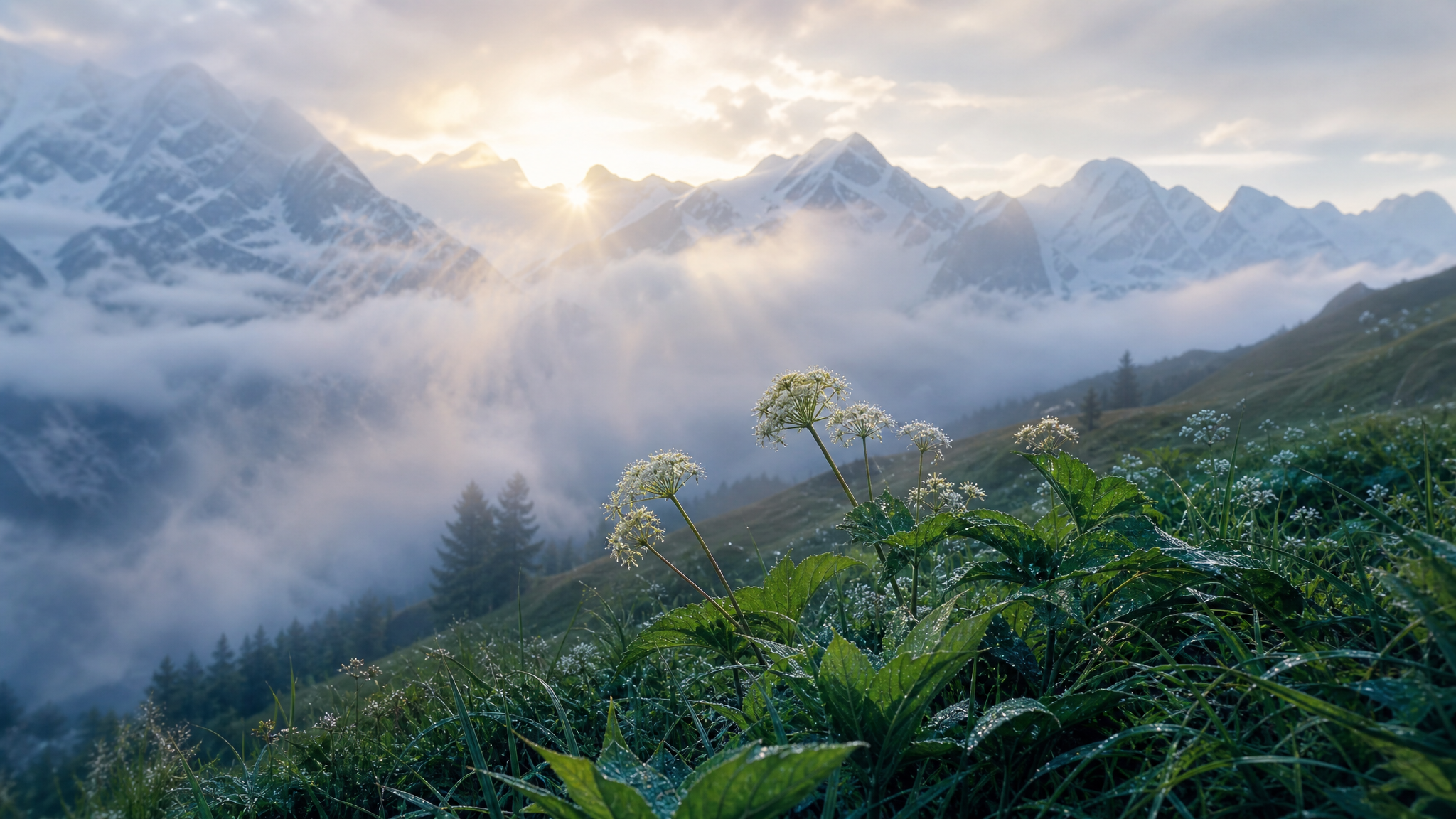 瑞士阿尔卑斯山晨雾风景，梦幻高级感。清晨的山谷中弥漫着淡淡的薄… - 图片创意预览