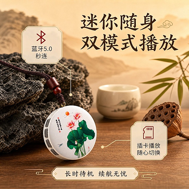 [主图-2] 核心卖点·蓝牙插卡双模式长待机
[统一基调] 新中式国风禅意风格，暖色调，淘宝/天猫1:1主图，整体雅致温润，主标题用书法感宋体深褐色，辅助文字用深灰色细黑体，卡片用米白色圆角半透明底配细金线描边，光影柔和暖光，产品质感细腻哑光。
[画面] 主体为绿荷红日款圆形吊坠播放器，斜放在暖棕色木质桌面上，产品侧面可见灰色按键和接口。桌面布置古风摆件：左侧有黑色纹理假山石，后方有白色陶瓷茶盏，右侧有干枯莲蓬和竹叶，背景是暖橙色虚化远山。产品旁用细线引出两个功能图标卡片：左上卡片画蓝牙符号配文字"蓝牙5.0 秒连"，右下卡片画内存卡符号配文字"插卡播放 随心切换"。底部中间有长条形文字"长时待机 续航无忧"。产品占画面约45%，居中偏左。
[光影质感] 商业摄影质感，暖光从右上方照射，产品侧面按键清晰可见，桌面有柔和投影，背景虚化，整体温暖宁静。哑光材质细腻，按键有轻微凸起质感。
[配色] 主色调暖棕米白，产品花色粉红墨绿，文字深褐色，图标点缀朱红色。
[文字版式] 右上角主标题"迷你随身 双模式播放"，书法宋体深褐色；两个功能卡片内文字为深灰色细黑体，配简约线条图标；底部辅助文字稍小。所有文字放在负空间，不遮挡产品主体。
[输出要求] 比例1:1，产品清晰不变形，文字清晰可读，功能图标简洁美观，画面干净雅致，无水印无平台Logo，禁止产品变形、穿模、悬浮、错字、模糊杂乱。