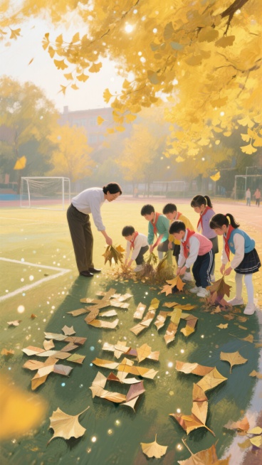 老师和学生们在操场捡落叶，学生把落叶拼成“老师辛苦了”的字样，背景是金黄的银杏，色调为暖黄色。预览效果