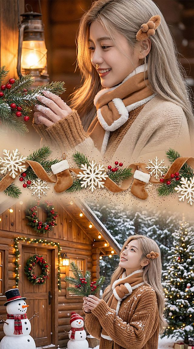 大特写镜头，长发披肩女性侧脸特写，发丝为浅亚麻色，别着一枚焦糖色毛绒浆果发夹，身穿焦糖色针织毛衣，外搭米色羊毛开衫，脖颈间系着焦糖色围巾，围巾边缘有白色毛绒流苏，指尖捏着一枝带红果的松枝，指尖沾着少量白色雪粉，脸颊带着温暖笑意，木屋的暖光从煤油灯处洒来，发丝柔和发光。
中间衔接元素

白色圣诞雪花与焦糖色毛绒丝带交织，雪花边缘鎏金描边，间隙穿插绿色松枝与红色浆果，点缀迷你焦糖色圣诞袜，飘着细碎的金棕色亮片，营造质朴温暖的圣诞氛围。

下宫格

中景镜头，女性站在圣诞森林木屋的门口，木屋外墙挂着松枝红果花环与暖黄彩灯，门口摆放着两个雪人装饰，雪人戴着圣诞帽、围着围巾，身后是飘雪的森林，森林里的树木上落满积雪，挂着零星的彩灯，女性正抬头望着木屋上方的彩灯，手中的松枝轻轻晃动，雪花落在毛衣与围巾上，氛围感十足。