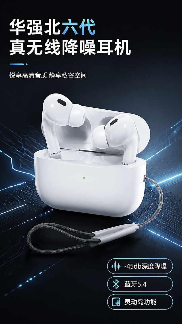 [第1屏] 详情页头图-华强北六代白色蓝牙耳机硬核宣传头图。本屏使用【图1】【图6】结合作为商品主体，展示产品开盖全貌。
[氛围/风格] 简约科技风，深灰渐变背景，科技感光效，商业数码摄影质感，适合拼多多平台。
[元素布局] 耳机充电盒开盖置于画面中心，占比约65%，产品外观、结构、颜色与输入产品图一致，背景搭配浅蓝发光电路纹理装饰，左上角主标题区，右下角3个卖点胶囊标签，留白透气不拥挤。
[光影质感] 顶部柔光打亮产品轮廓，产品底部自然阴影，高光提亮充电盒和耳机腔体，整体明暗层次分明，产品清晰锐利。
[配色色系] 全局底色 #121212，主色白色产品，辅助色浅蓝科技光效，文字白色+浅蓝点缀。
[视角构图] 正面45°斜视角，产品为绝对视觉中心，阅读动线左上标题 → 中心产品 → 右下角卖点。
[文字版式] 主标题「华强北六代 真无线降噪耳机」大字居左，副标题「悦享高清音质 静享私密空间」，右下角三个卖点胶囊「-45db深度降噪」「蓝牙5.4」「灵动岛功能」，文字不遮挡产品主体，文字清晰可读。
[比例分辨率] 9:16 竖版比例，4K分辨率，文字清晰可辨，高清画质。
[负向提示词] 产品变形，结构错误，缺件错件，颜色偏差，文字错乱，文字过小，水印，平台Logo，背景杂乱