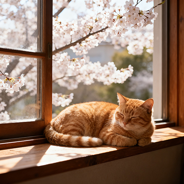 一只慵懒可爱的橘猫，趴在洒满阳光的木质窗台上，窗外是盛开的樱花，画面温馨治愈，暖色调，高清摄影风格