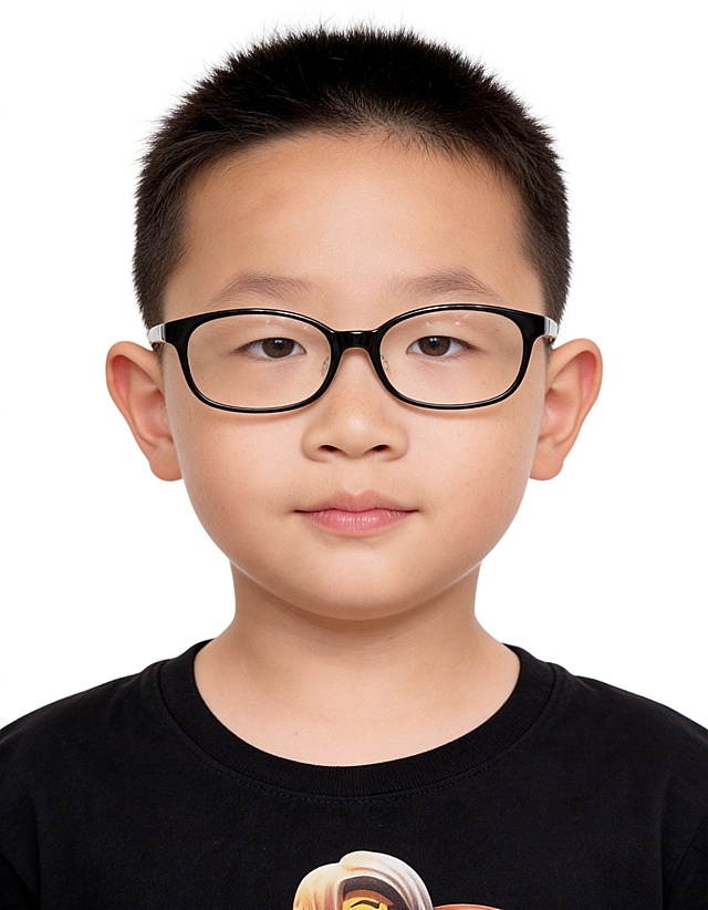 保留第一张图中人物发型、脸型、年龄特征生成标准样式纯正面儿童证件照;人物主体严格居中,头部大小与位置严格对齐第二张图,双肩水平平衡,面部中轴线对齐画面中心,正视前方;标准儿童证件照构图,人物绝对居中,头顶上方距离上边缘高度10%,下巴距离画面下边缘高度36%,人物主体占比约72%;肩部平展与画面水平轴平行;头部占比严格对齐第二张图;提亮肤色,消除暗沉,清透裸妆,隐形毛孔,均匀肤色,唇色自然提亮;肤色白皙细腻,原生轻透肤质;眼神澄澈,看向镜头,气质自信,嘴角微微上扬表情自然;耳廓可见度一致;肩部平展,肩线与画面水平轴平行;头肩比例协调呈现;免冠,不戴帽子,无头饰,无发带;佩戴眼镜,眼镜无反光;身着黑色纯棉圆领短袖T恤,胸前带有图案装饰;柔和正面顺光均匀柔光,面部明亮无硬影,背景均匀提亮,画质清晰,零噪点降噪;面部清晰;背景亮度均匀统一;高清锐利画质,细节清晰可见;零噪点处理;色彩还原自然;均匀柔和布光,无明显阴影,面部光影干净,柔光正面打光,自然光影过渡,皮肤质感细腻,哑光质感;标准焦段50mm,纯正面,入境范围头部至胸部以上区域,F/4光圈(兼容F/2.8-F/4区间),平视视角(镜头与人物视线完全齐平),正视视图;人物绝对居中(居中构图),位于画面中心;严格限定标准证件照规格;视线水平(瞳孔连线与画面水平线平行);双耳对称露出,双肩水平且平衡,头部占比严格对齐垫图,禁止大头照(画面铺满画布,无边框留白);专业证件照质感,高清人像质感,细腻皮肤纹理,严格按照第一张图内容生成,分辨率4K;极简纯白色背景,背景亮度均匀且统一(哑光质感);禁止裁切头顶,禁止额头被截,禁止超大头,禁止主体溢出画面,禁止偏头/倾斜;头顶上边距8-10%,头部高度60-68%,双眼高度56-58%,严格对齐第二张垫图;画面比例7:9