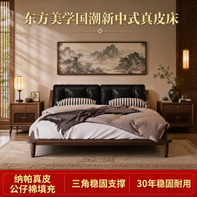 [单张主图] 东方美学国潮新中式榻榻米真皮实木床，高级氛围感主图，展示产品在真实国潮家居环境中的美感。
[画面主体] 保持图中床的角度、款式、深棕色实木框架、黑色纳帕真皮软包完全不变，杜绝任何变形和色预览效果