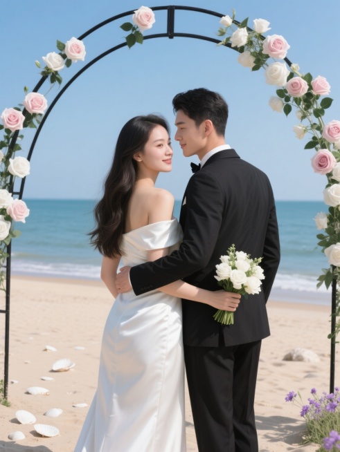 一对新婚夫妇的浪漫背影，新娘穿着露肩白色缎面婚纱，手持白色花束，长发披肩；新郎身着黑色西装搭配领结，双手环绕新娘腰间，两人亲密依偎。他们站在一个装饰着白色和淡粉色玫瑰花的黑色金属拱门下，背景变换为阳光明媚的海边沙滩，蔚蓝的天空与远处的海平面相接，沙滩上散落着零星的白色贝壳和淡紫色小花，柔和的自然光线从侧面洒下，形成温暖的光影效果，整体画面呈现出清新浪漫的写实风格，细节清晰，色彩明亮柔和。预览效果
