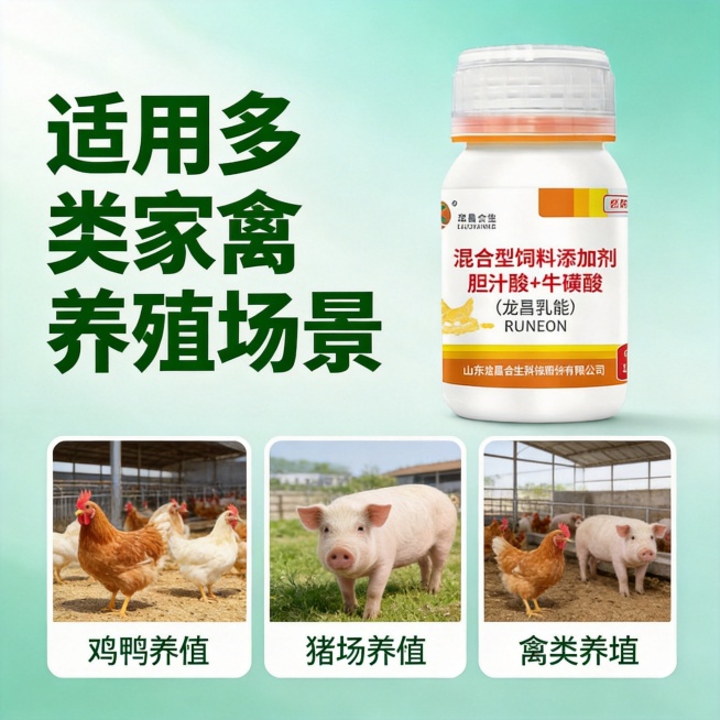 [主图-4] 家禽胆汁酸多场景适用展示，采用上标题下方宫格版式
[氛围风格] 生活化实用展示，清晰直观
[画质] 商业广告质感，画面清晰干净，文字清晰可辨
[元素] 产品瓶身放在上方偏右位置，保持产品预览效果