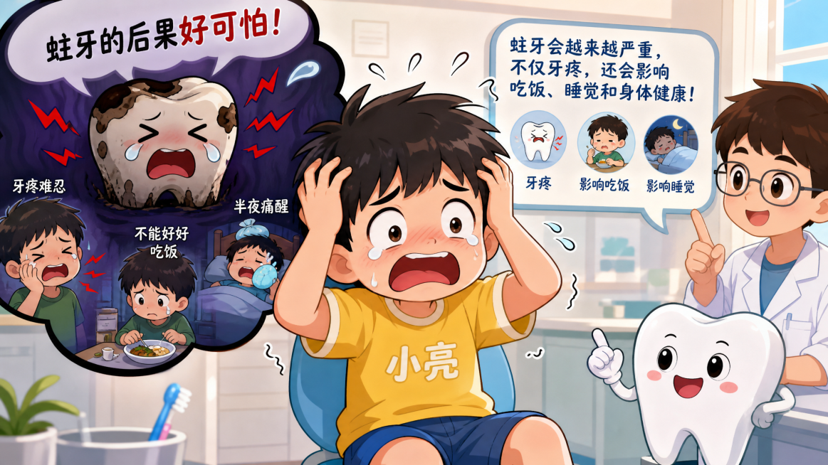 卡通动漫风格，小男孩小亮听到蛀牙后果后害怕得抱头，表情惊恐，生动展现出害怕牙疼的情绪，适合亲子科普场景预览效果
