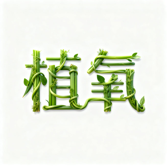 品牌logo字体设计“植氧”，产品是植物，整体为清新自然的3D艺术字体，文字由新鲜的绿色植物茎叶自然生长缠绕而成，连接处流畅自然，保留清晰可识别的笔画结构，呈现出真实的植物植被质感和清新的自然氛围，极预览效果