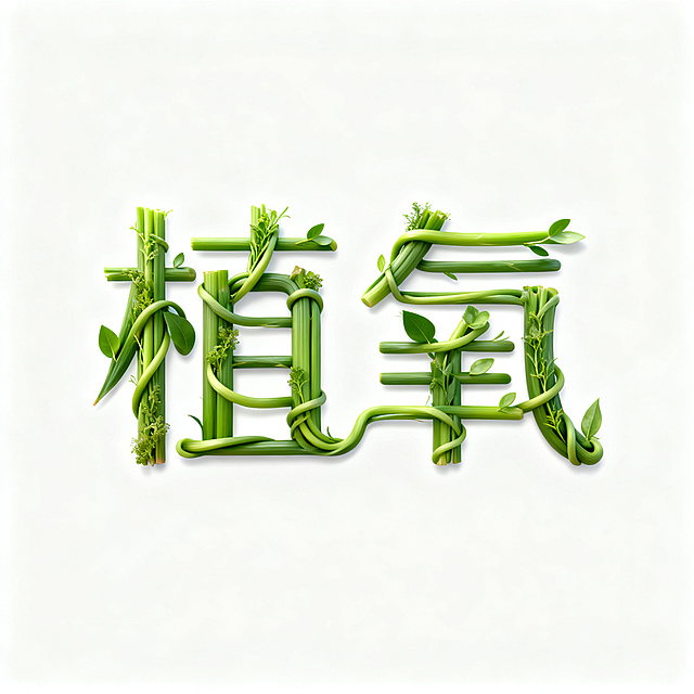 品牌logo字体设计“植氧”，产品是植物，整体为清新自然的3D艺术字体，文字由新鲜的绿色植物茎叶自然生长缠绕而成，连接处流畅自然，保留清晰可识别的笔画结构，呈现出真实的植物植被质感和清新的自然氛围，极简干净的纯白色背景，文字整体必须完整呈现在画面内不可被裁切，四周留有安全边距。