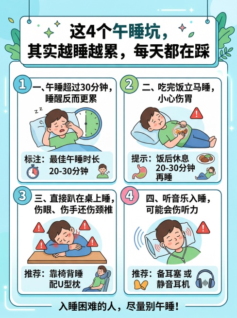 健康科普图文，标题："这4个午睡坑，其实越睡越累，每天都在踩"，内容分为四个部分：一、"午睡超过30分钟，睡醒反而更累"，标注最佳午睡时长20-30分钟；二、"吃完饭立马睡，小心伤胃"，提示饭后休息2预览效果